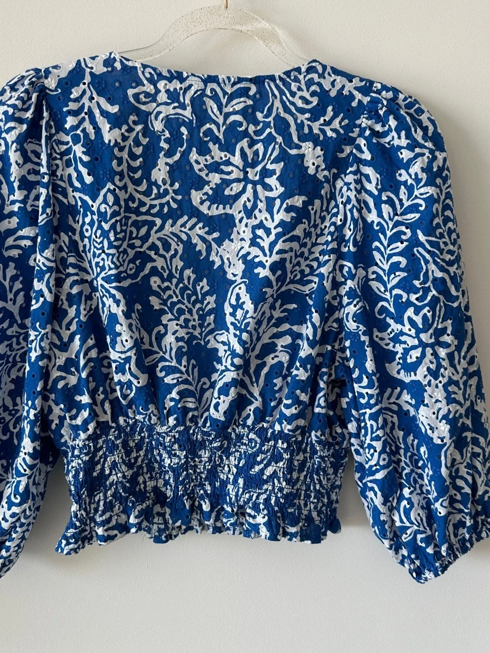 Zara Blue and White Floral Print V-Neck Smocked Waist Blouse